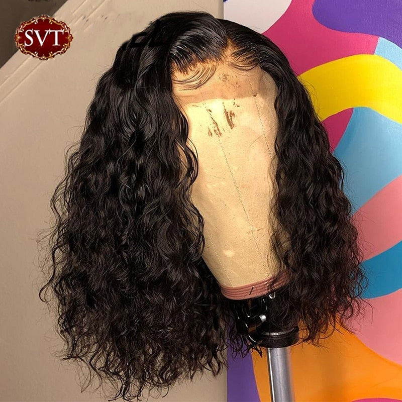 SVT Brazilian Water Wave Short Bob 4x4 Closure Wig Human Hair Lace Frontal Wavy Curly Bob Wigs For Women Pre Plucked Lace Wig